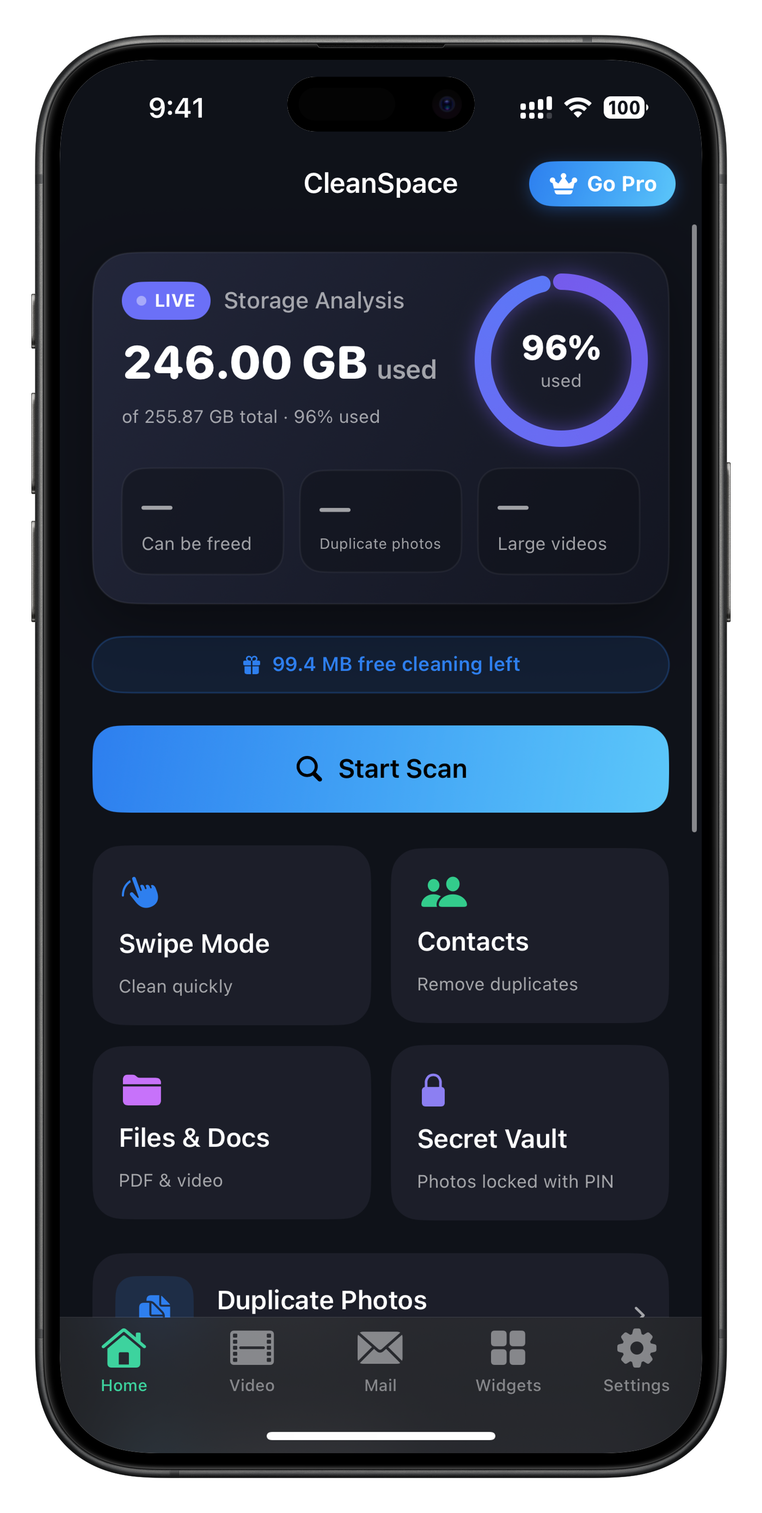CleanSpace home screen